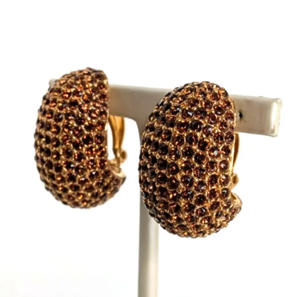 Ciner Vintage Dome Pave Rhinestone Crystal Chocolate Brown Clip Earrings Large - Picture 2 of 10